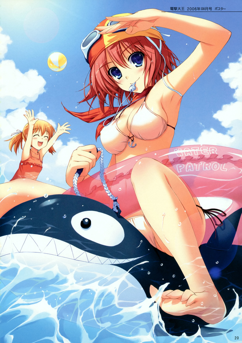 absurdres anchor armpits ball barefoot beachball bikini blonde_hair blue_eyes blush casual_one-piece_swimsuit cloud copyright_request day feet goggles goggles_on_head highres inflatable_raft inflatable_toy inflatable_whale innertube lens_flare mouth_hold multiple_girls one-piece_swimsuit outdoors red_hair salute short_hair side-tie_bikini sky sun swim_cap swimsuit tomose_shunsaku water whistle
