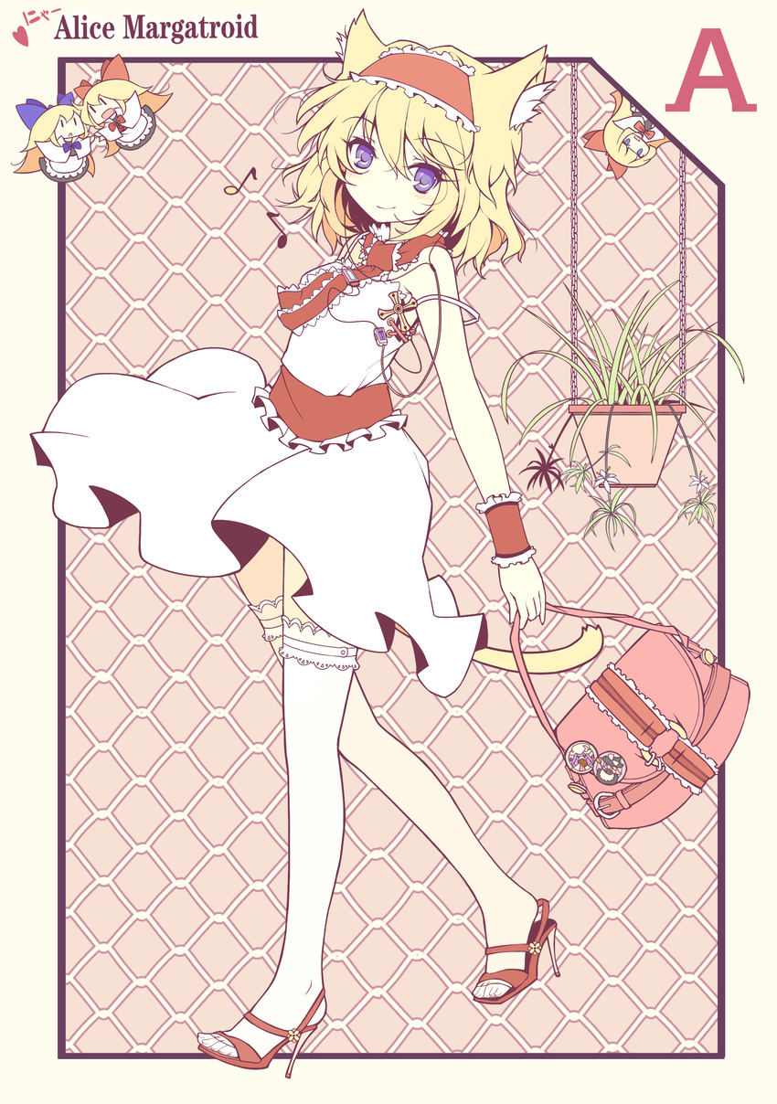 alice_margatroid alternate_costume animal_ears bag blonde_hair blue_eyes buttons cat_ears contemporary cross digital_media_player earbuds earphones fairy handbag high_heels highres hourai_doll ideolo ipod kemonomimi_mode kirisame_marisa musical_note patchouli_knowledge sandals shanghai_doll shoes solo tail thighhighs touhou