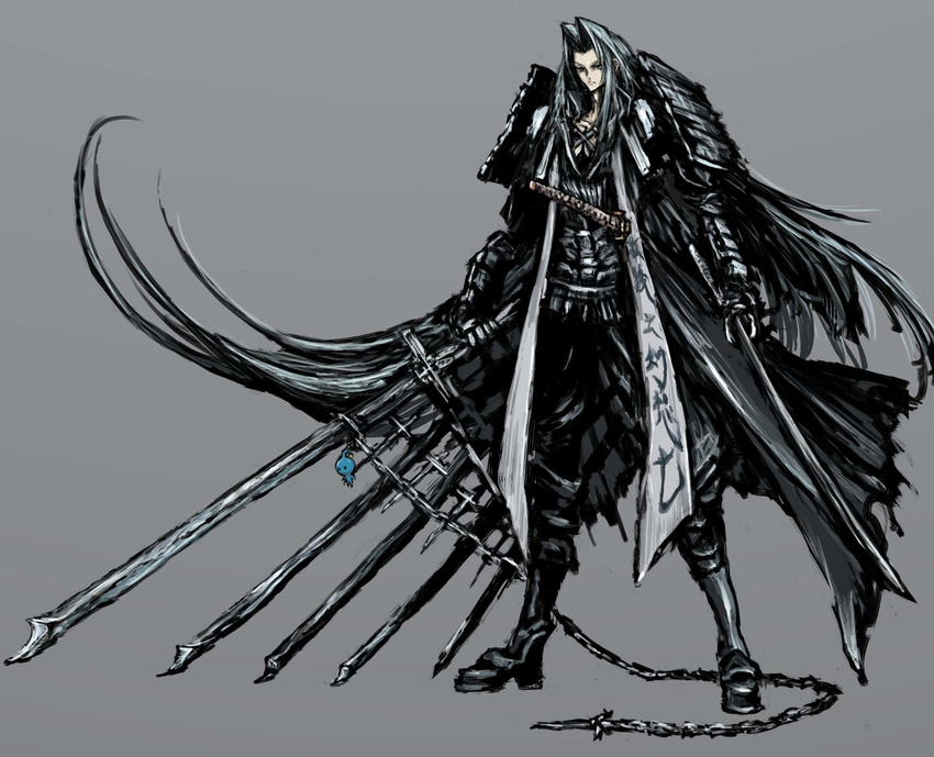 armor brown_hair chain dual_wielding final_fantasy final_fantasy_vii highres holding long_hair male_focus moto_murabito pupu_(ff8) sephiroth silver_hair solo sword very_long_hair weapon