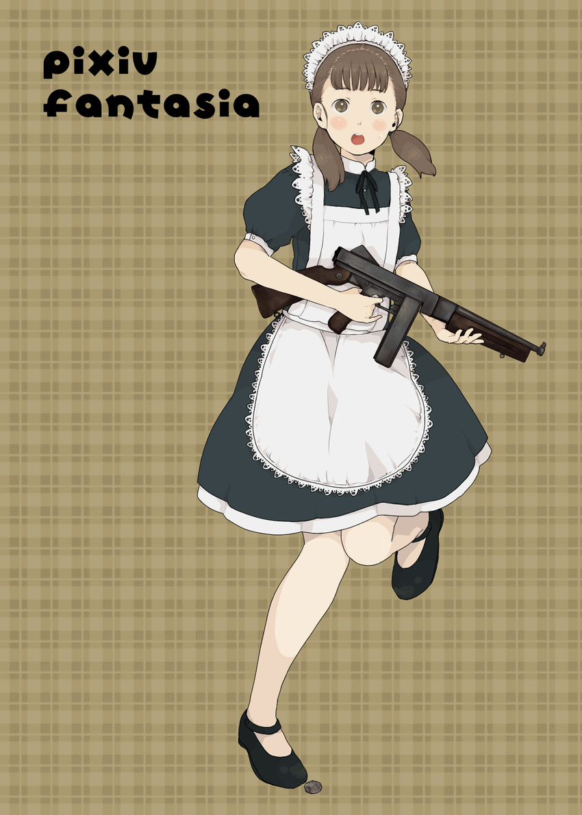 apron bad_id bad_pixiv_id brown_eyes brown_hair gun highres maid mosuko pixiv_fantasia pixiv_fantasia_1 solo submachine_gun thompson_submachine_gun twintails weapon