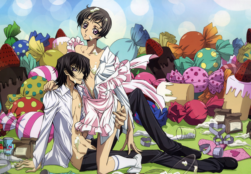 absurdres arm_support ass ass_grab black_hair bowl brothers cake can candy cherry code_geass cookie_cutter cream crossdressing dress dress_shirt food fruit heart highres hug huge_filesize icing incest kneeling leg_up lelouch_lamperouge male_focus measuring_cup messy multiple_boys off_shoulder official_art open_clothes open_fly open_shirt oven_mitts pants pastry purple_eyes rolo_lamperouge sakou_yukie shirt shirt_grab shoes siblings sitting smile socks spill strawberry sweets unzipped whisk yaoi