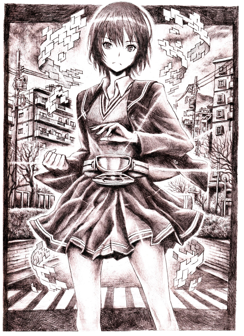 absurdres amagami belt black_hair blazer crosswalk highres jacket kamen_rider monochrome nanasaki_ai nobita power_lines purple short_hair skirt solo sweater_vest traditional_media