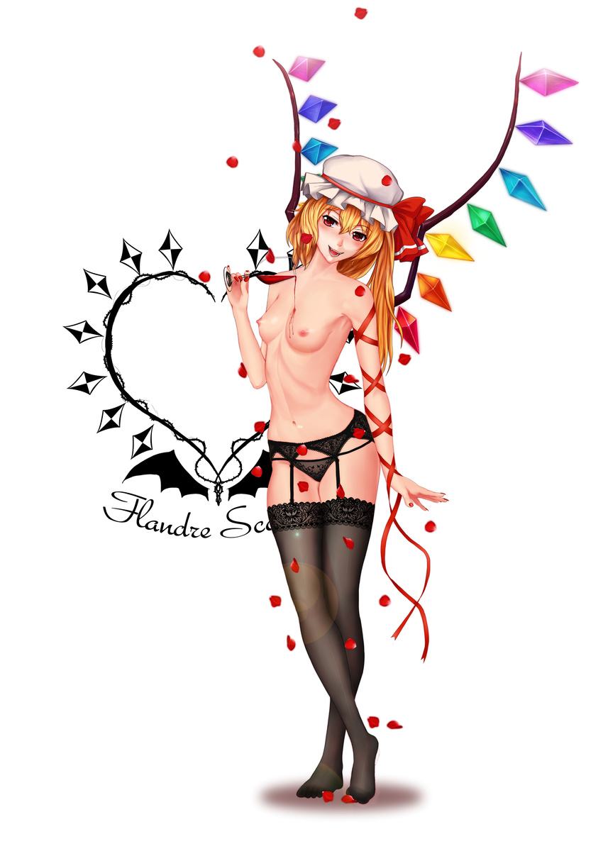absurdres arm_ribbon blonde_hair breasts character_name crossed_legs cup drinking_glass fangs fingernails flandre_scarlet full_body garter_belt hat head_tilt highres lingerie long_fingernails looking_at_viewer mob_cap nail_polish nipples open_mouth panties petals red_eyes ribbon shoes short_hair side_ponytail simple_background small_breasts smile solo spilling standing thighhighs topless touhou underwear underwear_only white_background wine_glass ytoy