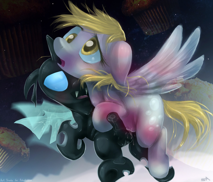 amber_eyes black_body blonde_hair changeling cutie_mark derpy_hooves derpy_hooves_(mlp) english_text equine fangs female feral food friendship_is_magic fur grey_fur hair horn horse male mammal muffin my_little_pony pegasus plain_background pony surgicalarts text thepinkling wings