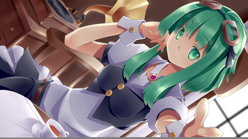 absurdres bangs black_vest breasts chair cup dutch_angle eyebrows_visible_through_hair goggles goggles_on_head green_eyes green_hair gumi highres indoors looking_at_viewer md5_mismatch medium_breasts mikan_(bananoha) phonograph puffy_short_sleeves puffy_sleeves short_hair short_hair_with_long_locks short_sleeves sidelocks sitting skirt smile solo table vest vocaloid wrist_cuffs