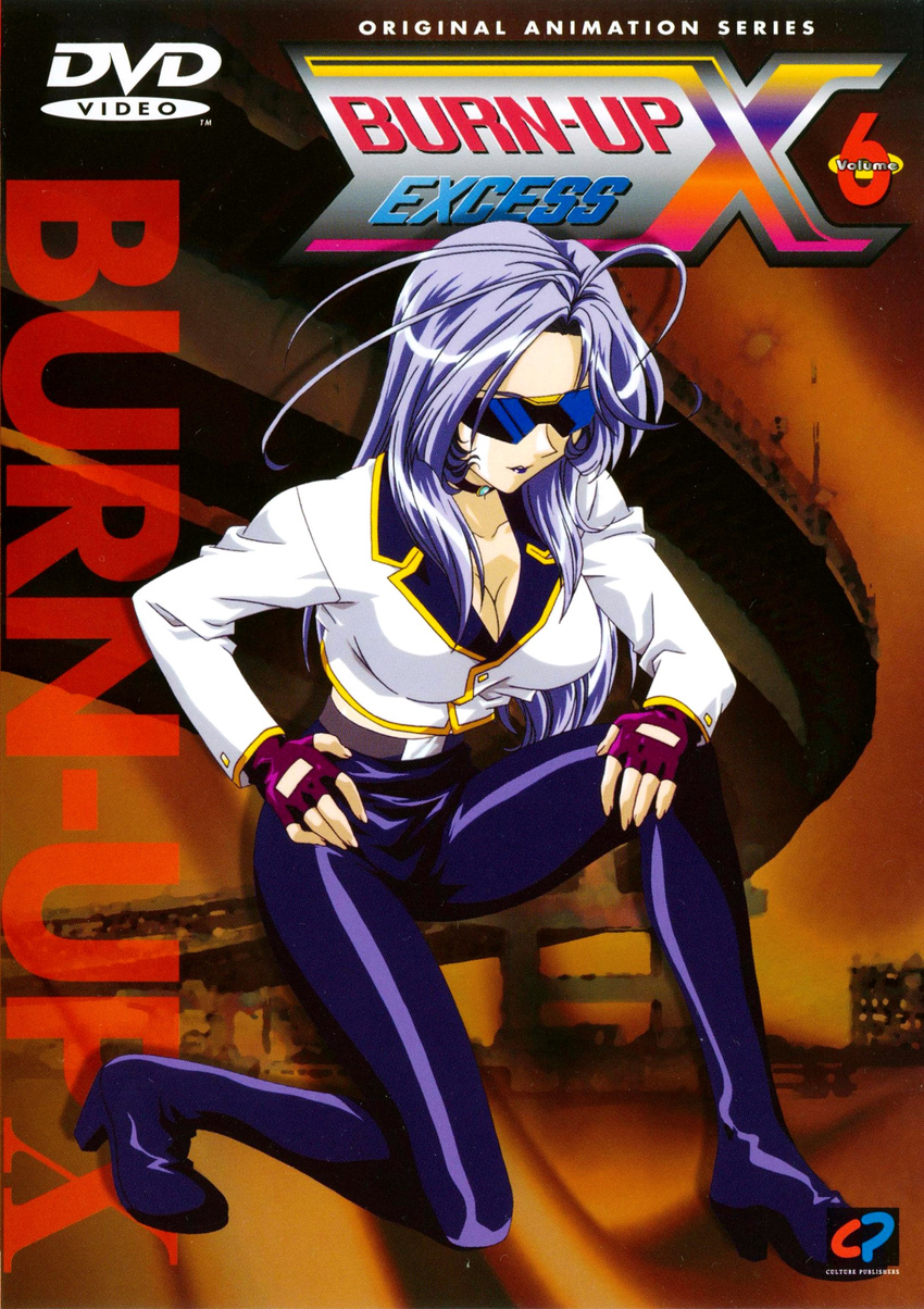 90s absurdres artist_request belt boots breasts burn-up burn-up_excess choker cleavage cover dvd_cover fingerless_gloves glasses gloves highres jewelry large_breasts legs lipstick long_hair makeup official_art pants purple_hair ruby_(burn-up) shiny shiny_clothes shirt solo sunglasses tight tight_pants tight_shirt