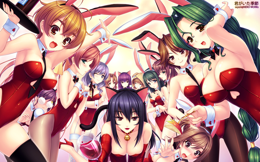 :d aihara_misa alcohol animal_ears bad_id bad_pixiv_id bell bell_collar black_hair blush bottle breasts brown_eyes brown_hair bunny_ears bunny_tail bunnysuit cat_ears cat_tail cleavage collar detached_collar elbow_gloves food garter_straps glasses gloves green_eyes green_hair high_heels highres hood isumi_akira isumi_marika isumi_michiru isumi_yayoi jingle_bell jinguuji_marimo kazama_touko kimi_ga_ita_kisetsu kouzuki_yuuko large_breasts lipstick long_hair makeup multiple_girls munakata_misae necktie one_eye_closed open_mouth pantyhose purple_hair sayori shoes short_hair silver_hair smile tail thighhighs tono_yuri tray very_long_hair wallpaper wine wrist_cuffs yagawa_mutsuki