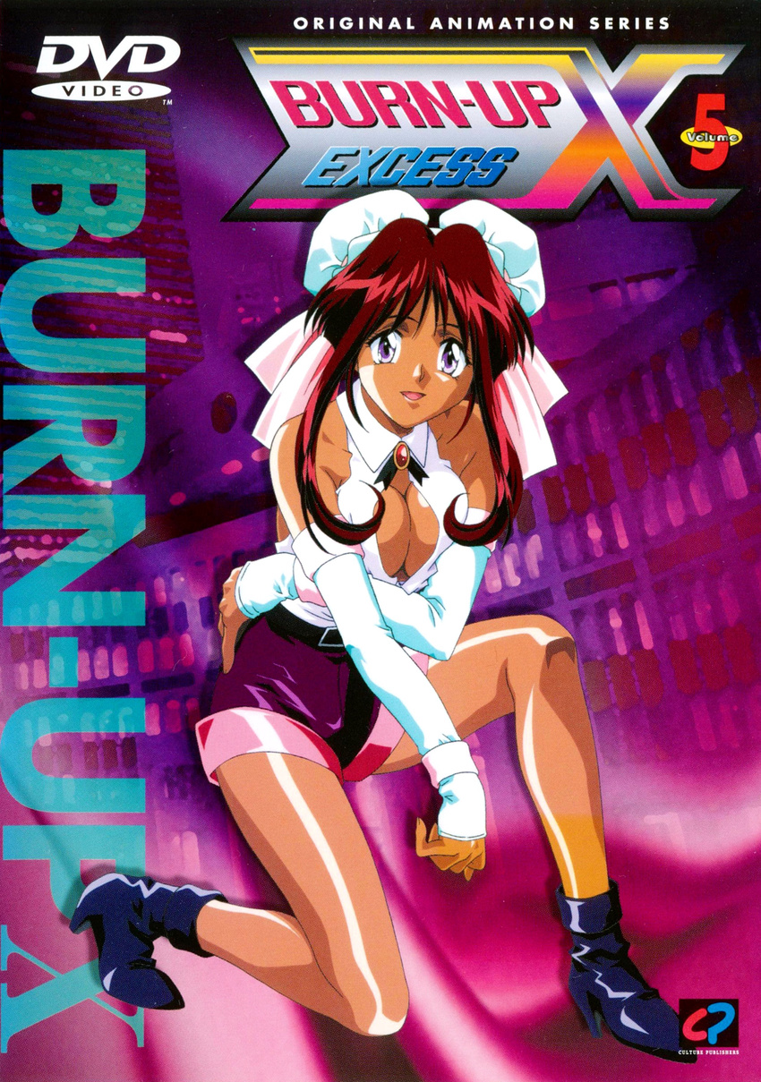 90s absurdres artist_request belt breast_hold breasts brooch brown_hair bun_cover burn-up burn-up_excess city cleavage cleavage_cutout cover dark_skin detached_sleeves double_bun dvd_cover elbow_gloves gloves high_heels highres jewelry large_breasts legs long_hair nanvel_candlestick official_art open_mouth purple_eyes ribbon shoes shorts smile solo