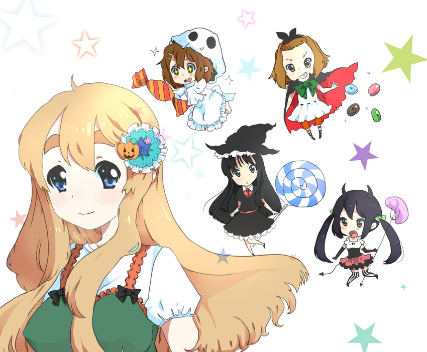 5girls ahoge akiyama_mio bad_id bad_pixiv_id black_eyes black_hair blonde_hair blue_eyes bow brown_hair candy cape costume dress elbow_gloves fang food frills gloves grin hair_bow hair_ornament hairband halloween hat hirasawa_yui horns jelly_bean k-on! kotobuki_tsumugi lollipop minigirl multiple_girls nakano_azusa pitchfork saliva short_hair simple_background smile star striped striped_legwear sunameri_oishii sweets swirl_lollipop tail tainaka_ritsu thighhighs twintails vertical-striped_legwear vertical_stripes witch_hat