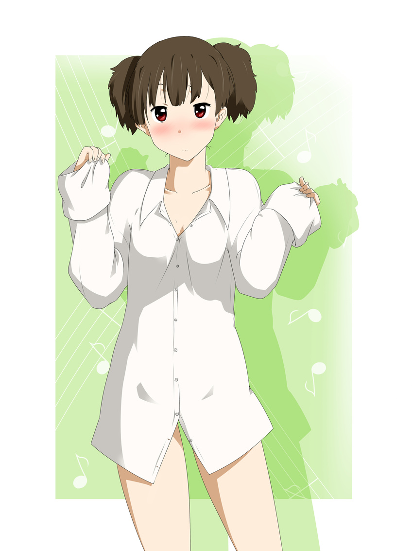 absurdres bad_id bad_pixiv_id blush brown_eyes brown_hair dress_shirt highres k-on! musical_note niwatazumi no_pants pinching_sleeves shirt short_hair short_twintails sleeves_past_wrists solo standing suzuki_jun twintails