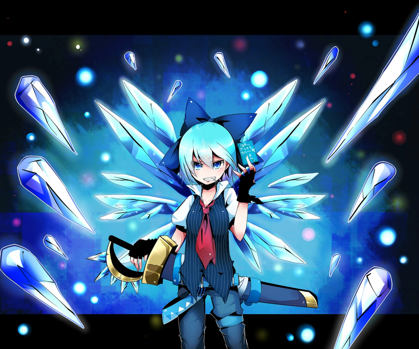 adapted_costume bad_id bad_pixiv_id blue_eyes blue_hair bow cirno fingerless_gloves gloves hair_bow highres ice kona_sleipnir necktie short_hair solo sword touhou weapon wings