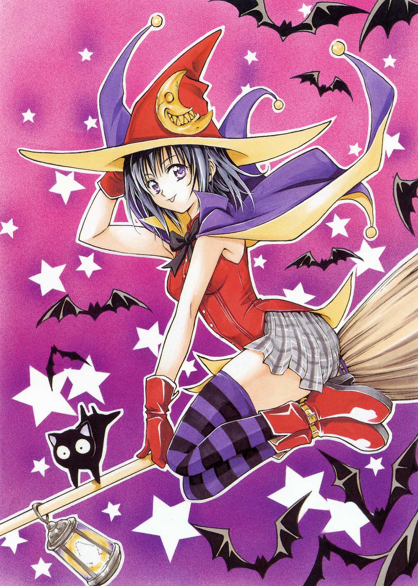 :p bat black_cat black_hair boots broom cape cat hat highres jpeg_artifacts kirisaki_kyouko_(toloveru) legs purple_eyes purple_legwear short_hair skirt solo star striped striped_legwear thighhighs to_love-ru tongue tongue_out witch witch_hat yabuki_kentarou