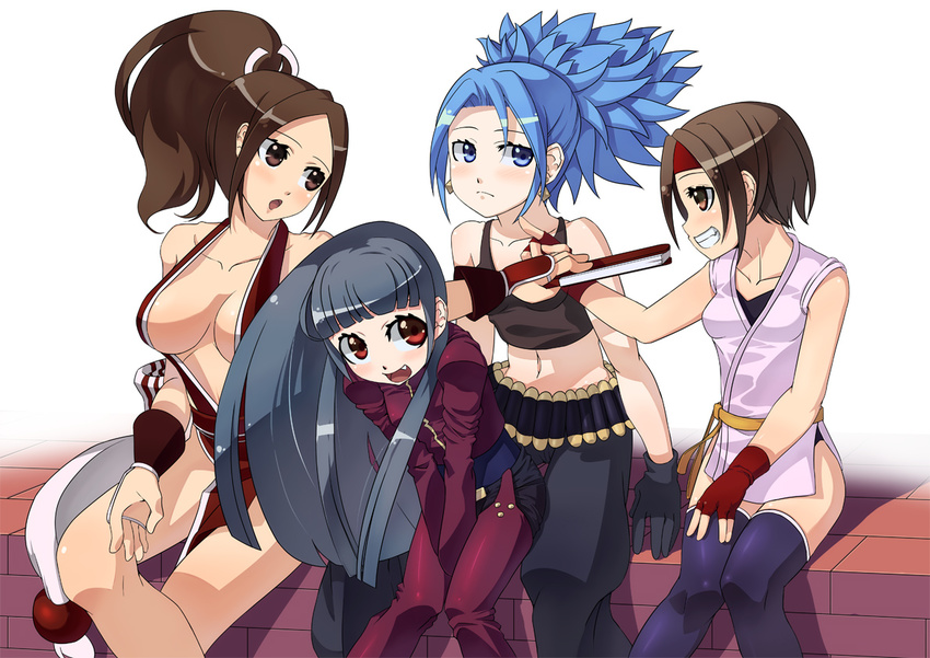 bare_shoulders blue_eyes blue_hair blush breasts brown_eyes brown_hair cleavage closed_fan earrings fan fang fatal_fury fingerless_gloves folding_fan gloves japanese_clothes jewelry kula_diamond large_breasts leona_heidern long_hair multiple_girls navel ninomae_ichijiku pants pelvic_curtain ponytail red_eyes ryuuko_no_ken shiranui_mai short_hair simple_background sitting strapless the_king_of_fighters thighhighs tubetop yuri_sakazaki