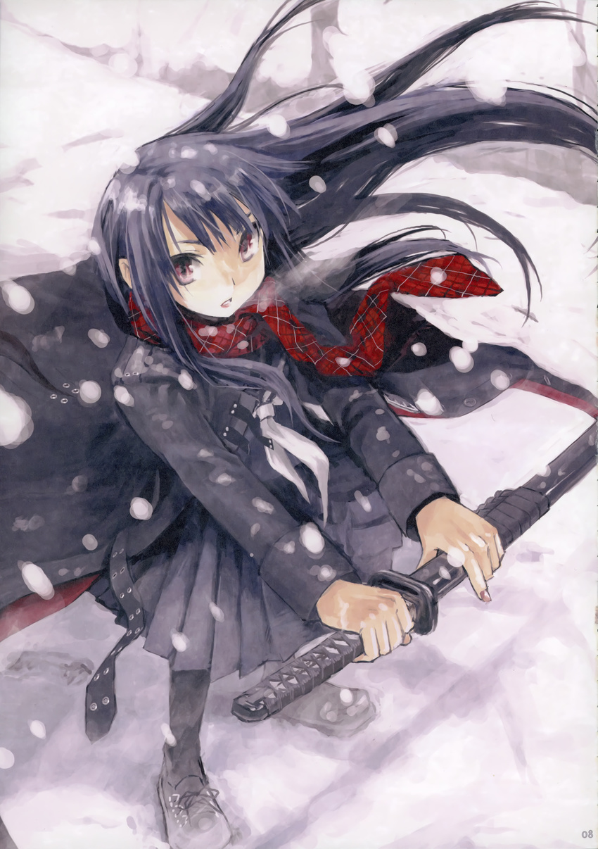 absurdres black_hair black_legwear black_serafuku breath coat from_above highres katana konoe_ototsugu long_hair looking_up open_mouth original pantyhose plaid plaid_scarf red_eyes scarf school_uniform serafuku skirt snow solo sword weapon winter