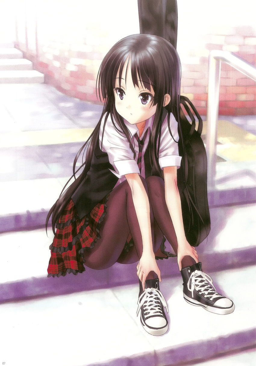 akiyama_mio black_eyes black_hair black_legwear blush goto_p guitar_case highres image_sample instrument_case k-on! long_hair necktie pantyhose plaid plaid_skirt shoes sitting sitting_on_stairs skirt sneakers solo stairs yandere_sample