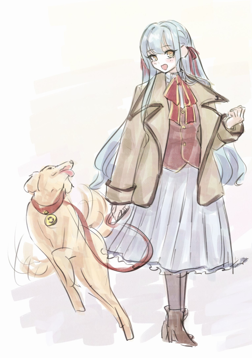 1girl animalization bang_dream! bang_dream!_it's_mygo!!!!! blue_hair blue_skirt brown_jacket brown_shoes commentary_request dog full_body hair_ribbon highres jacket long_hair misumi_uika open_clothes open_jacket open_mouth red_ribbon red_vest ribbon shoes sidelocks simple_background skirt togawa_sakiko tomare_(akashingou) vest white_background yellow_eyes