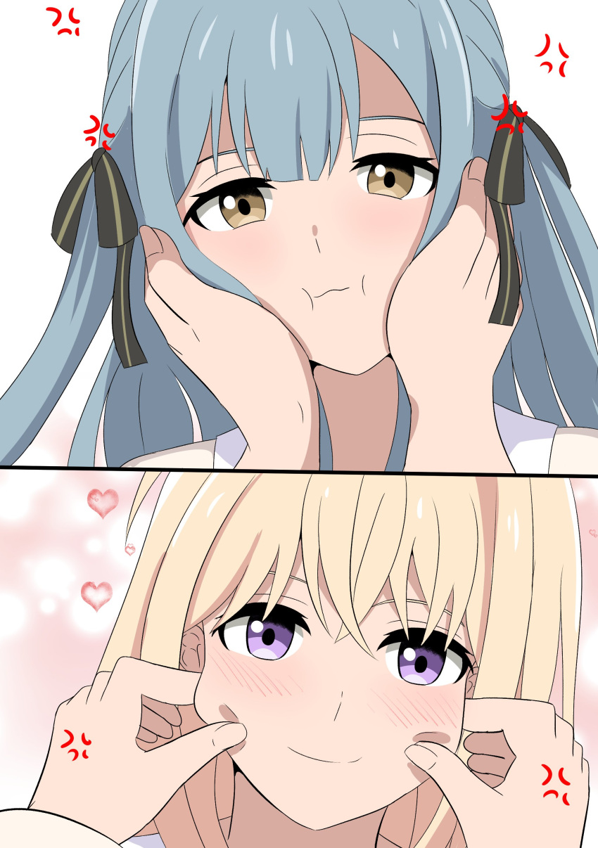 2girls absurdres anger_vein bang_dream! bang_dream!_it's_mygo!!!!! black_ribbon blonde_hair blue_hair blush cheek_pinching commentary english_commentary female_pov hair_ribbon hands_on_another's_face heart highres long_hair looking_at_another looking_at_viewer medium_hair misumi_uika multiple_girls pinching pov purple_eyes ribbon rienz togawa_sakiko two_side_up white_background yellow_eyes yuri