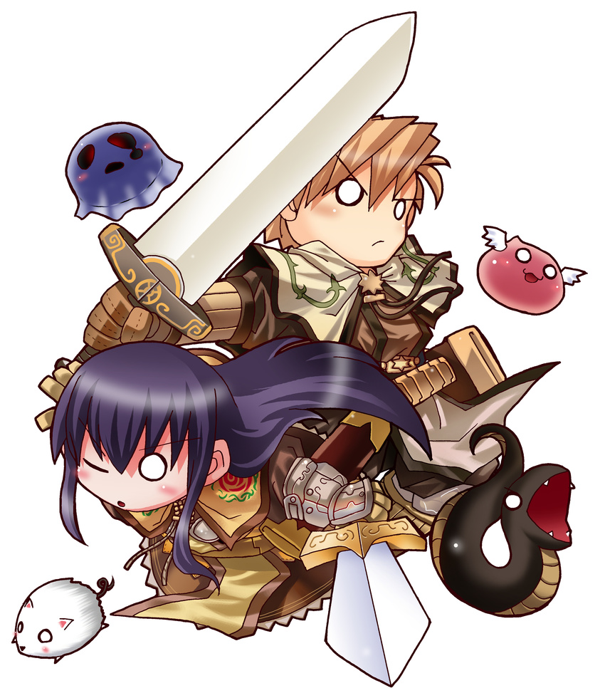 1boy 1girl absurdres angeling armor blonde_hair blue_hair blush_stickers brown_hair capelet gauntlets ghostring gloves highres long_skirt mantle namikai_harukaze o_o purple_hair ragnarok_battle_offline ragnarok_online rat sheath simple_background skirt snake sword swordman swordsman_(ragnarok_online) tassel weapon