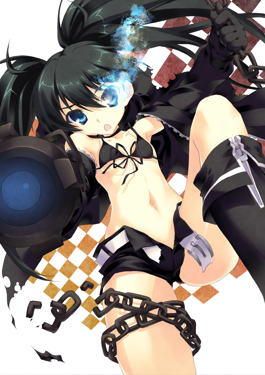 absurdres aoi_sora-maru arm_cannon black_hair black_rock_shooter black_rock_shooter_(character) blue_eyes boots burning_eye chain coat highres long_hair midriff navel shorts solo twintails unzipped wardrobe_malfunction weapon