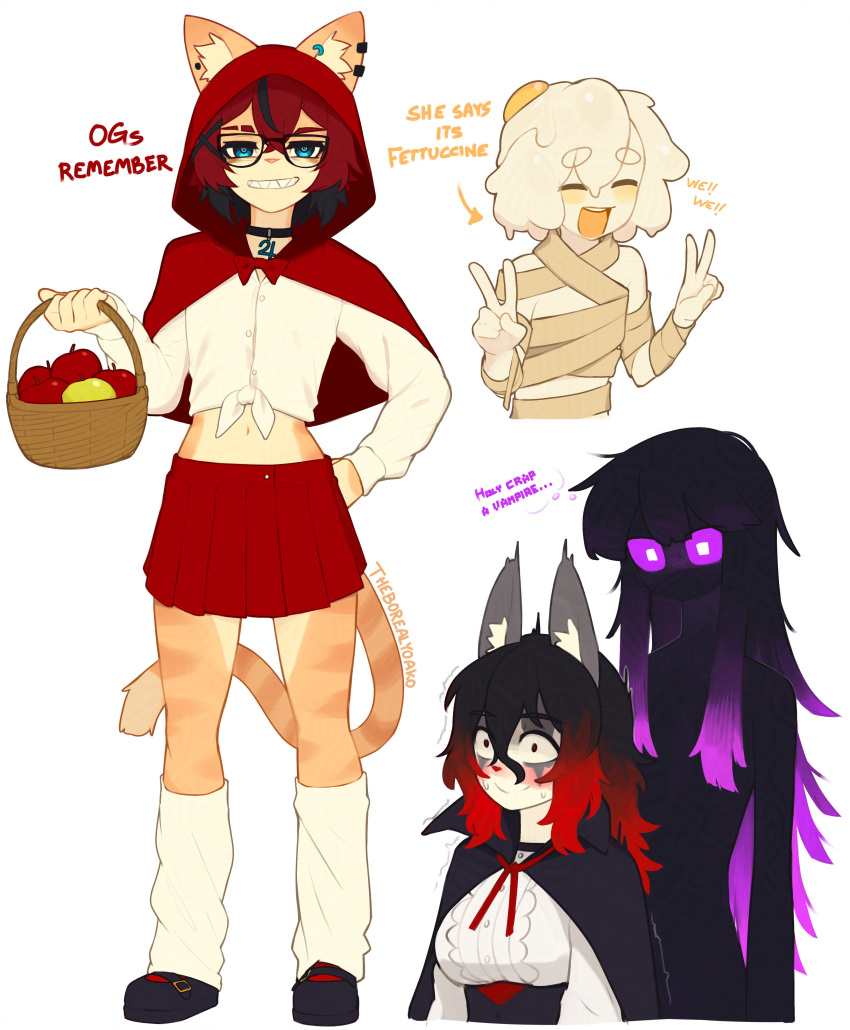 4girls :d absurdres aeiou_(yoako) animal_ear_fluff animal_ear_piercing animal_ears animal_nose apple arrow_(symbol) bandages basket black-framed_eyewear black_cape black_choker black_hair black_shoes black_skin blue_eyes body_fur borrowed_character cape capelet cat_ears cat_girl cat_tail center_frills choker colored_skin commentary constricted_pupils crossed_bangs double_v egg_(lemyawn) enderman english_commentary english_text food frills fruit furry furry_female glasses glowing glowing_eyes gradient_hair grin hair_between_eyes hair_ornament hair_over_breasts hand_on_own_hip highres holding holding_basket hood hood_up hooded_capelet jupiter_symbol leg_warmers long_hair midriff minecraft monster_girl multicolored_hair multiple_girls naked_bandage navel nervous_smile nervous_sweating open_mouth original personification pleated_skirt power_symbol-shaped_pupils purple_eyes red_capelet red_eyes red_hair red_skirt sharp_teeth shirt shoes short_hair simple_background skirt slime_girl smile sweat symbol-shaped_pupils tail teeth tied_shirt two-tone_hair v white_background x_hair_ornament yoako