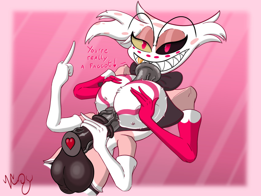 absurd_res angel_dust animal_genitalia animal_humanoid animal_penis arachnid arachnid_humanoid arthropod arthropod_humanoid balls between_breasts big_breasts breasts duo equine_genitalia equine_penis erection female female_focus genitals hazbin_hotel hellaverse hi_res homophobic_slur humanoid insult insulting_partner male male/female male_(lore) multi_limb penis scrotum_flap sinyap solo_focus