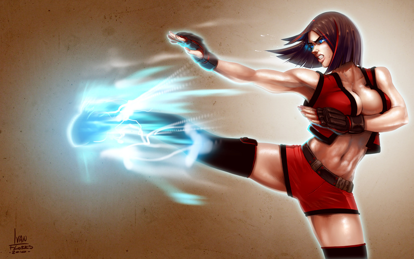 abs belt blue_eyes borrowed_character breast_squeeze breasts brown_hair cleavage electricity fighting_stance fingerless_gloves gloves glowing glowing_eyes highres ivan_flores kicking large_breasts lips md5_mismatch muscle muscular_female original short_hair short_shorts shorts solo sweat teeth thighhighs wallpaper