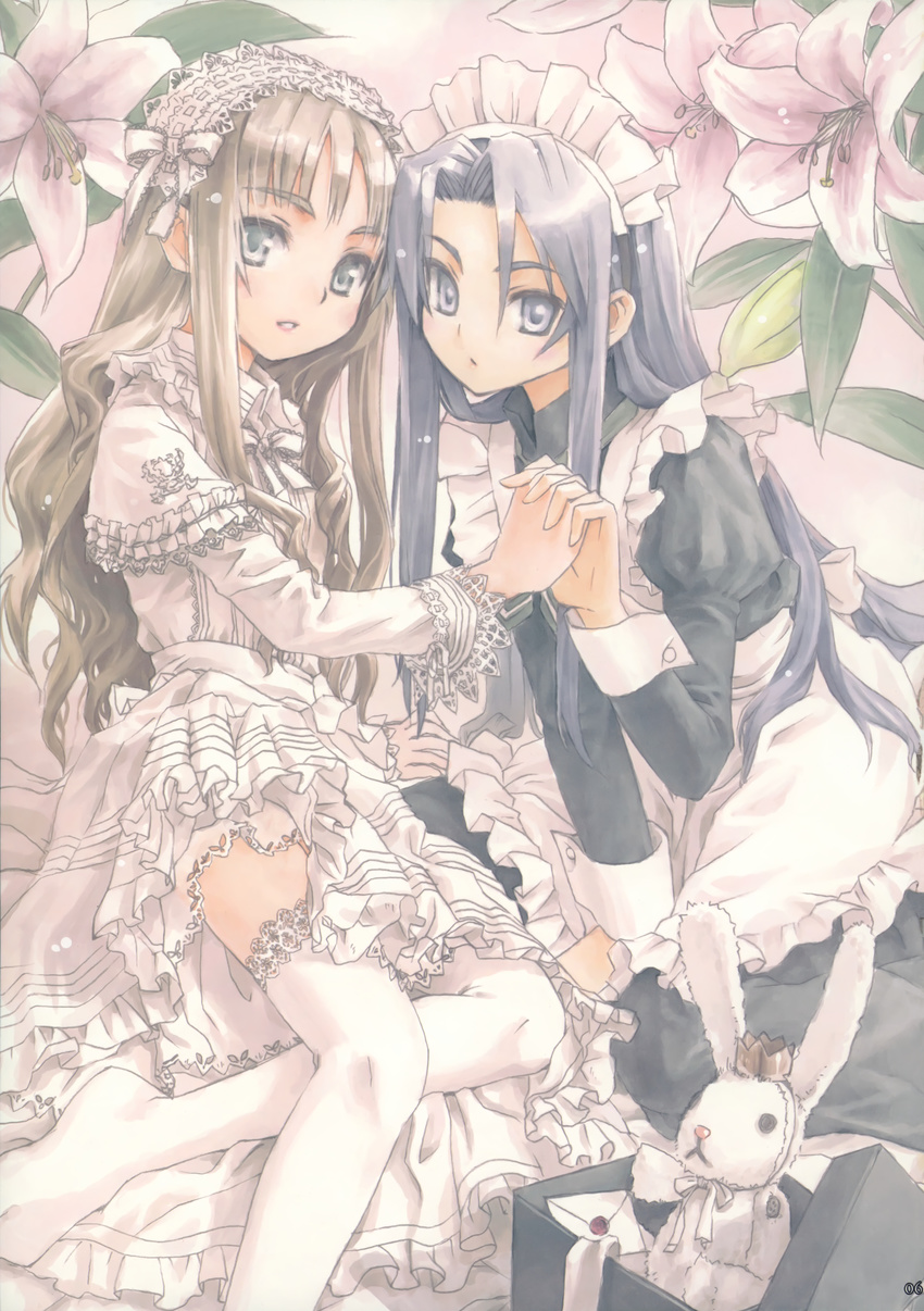 absurdres apron blue_eyes blue_hair blush brown_hair bunny child dress flower frills gothic_lolita hairband highres holding_hands konoe_ototsugu lolita_fashion long_hair maid maid_headdress multiple_girls open_mouth original ribbon sitting skirt smile stuffed_animal stuffed_toy thighhighs wariza wavy_hair white_dress white_legwear