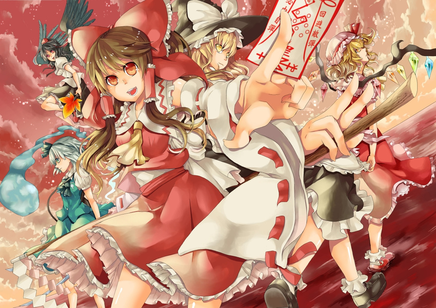 amatsuki_colors ascot black_dress blonde_hair bobby_socks bow brown_hair detached_sleeves dress flandre_scarlet frills green_dress hair_ribbon hair_tubes hakurei_reimu hat kirisame_marisa konpaku_youmu long_hair multiple_girls ofuda red red_background red_dress red_eyes ribbon shameimaru_aya shoes short_hair sidelocks smile socks tokin_hat touhou white_hair wings yellow_eyes