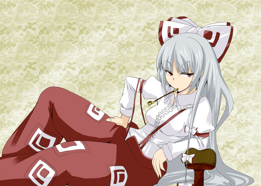 bad_id bad_pixiv_id bow fujiwara_no_mokou hair_bow hand_on_hip highres kiseru leaning_back long_hair pipe red_eyes silver_hair smoking solo suspenders tanatomo touhou