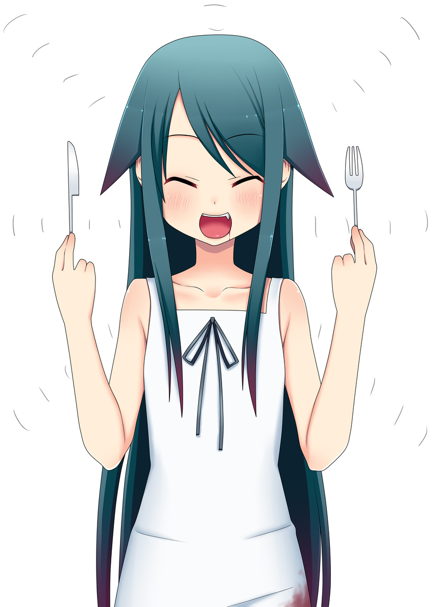 :d ^_^ absurdres bad_id bad_pixiv_id blood blush closed_eyes dress fang fork green_hair highres knife long_hair nase open_mouth saya saya_no_uta smile solo sundress you_gonna_get_raped