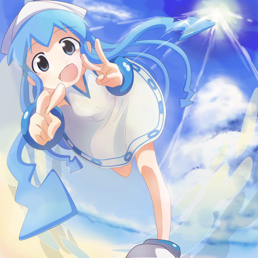 :d bad_id bad_pixiv_id beach bent_over blue_eyes blue_hair blush bracelet child cloud cmk_(lovepa) day directional_arrow dress flat_chest from_below hat ikamusume jewelry leg_up light_rays long_hair looking_down open_mouth outdoors quad_tails running shinryaku!_ikamusume shoes sky smile solo splashing sun sunbeam sunlight tentacle_hair tentacles v very_long_hair water