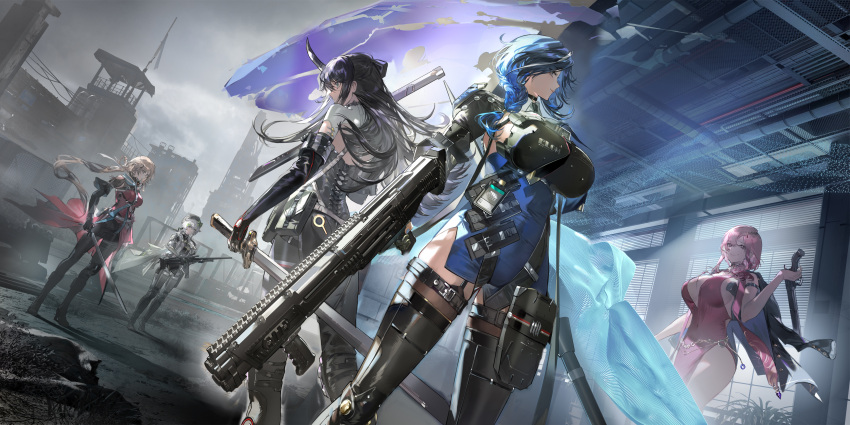 absurdres bad_link blue_hair bow breasts character_request dalanxia double-barreled_shotgun dp-12_(girls'_frontline) dress dushevnaya_(girls'_frontline_2) girls'_frontline girls'_frontline_2:_exilium green_bow gun helen_(girls'_frontline_2) highres holding holding_gun holding_sword holding_weapon key_visual ksvk_(girls'_frontline) large_breasts long_hair multiple_girls official_art open_mouth phaetusa_(girls'_frontline_2) pink_eyes pink_hair plant promotional_art pump_action red_dress shotgun standing sword weapon