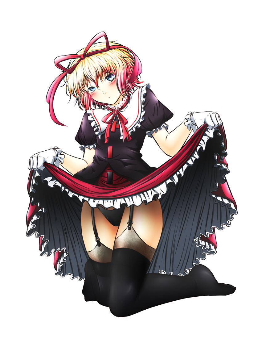 black_legwear black_panties blonde_hair blue_eyes dress dress_lift garter_straps gloves gradient_hair hair_ribbon highres kneeling looking_at_viewer medicine_melancholy multicolored_hair panties petticoat pink_hair ribbon short_hair simple_background so-on solo thighhighs touhou underwear white_background