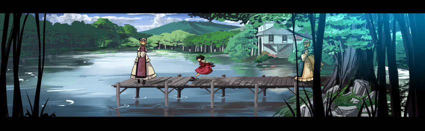 animal_ears blue_sky cat_ears chen cloud cloudy_sky day forest garnet hands_in_opposite_sleeves hat highres house lake long_image long_sleeves multiple_girls multiple_tails nature outdoors pier pillow_hat scenery shoes sky tail touhou tree water wide_image wide_sleeves yakumo_ran yakumo_yukari