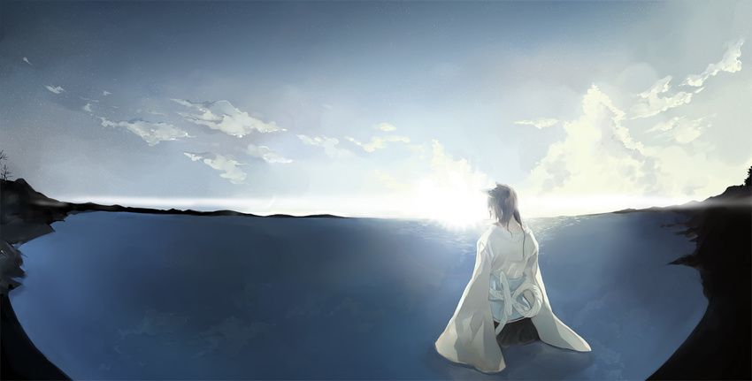 animal_ears bad_id bad_pixiv_id cloud copyright_request japanese_clothes kaninn ocean scenery solo sun white_hair