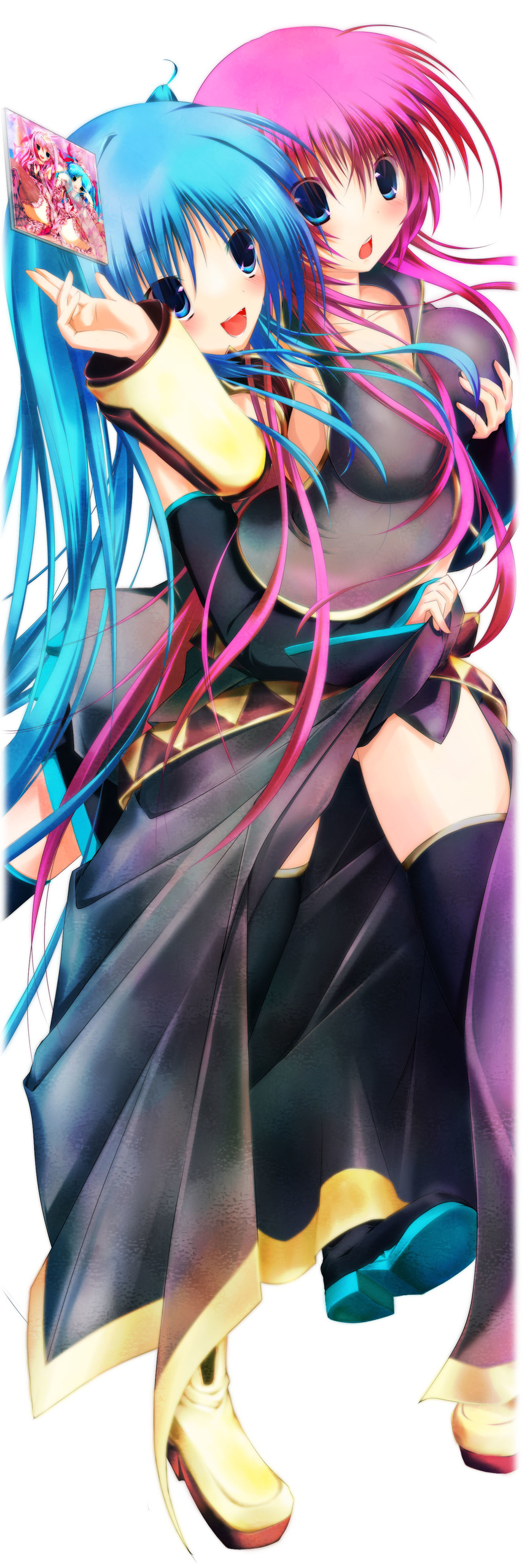 absurdres aqua_hair bad_id bad_pixiv_id blue_eyes blush breasts groping hatsune_miku highres large_breasts long_hair megurine_luka multiple_girls nironiro pink_hair surprised thighhighs twintails vocaloid