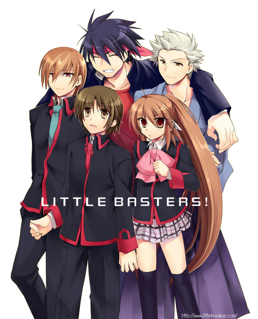 4boys absurdres bad_id bad_pixiv_id bow grin height_difference highres inohara_masato japanese_clothes kanon_(kn) little_busters! miyazawa_kengo multiple_boys naoe_riki natsume_kyousuke natsume_rin pink_bow school_uniform smile thighhighs