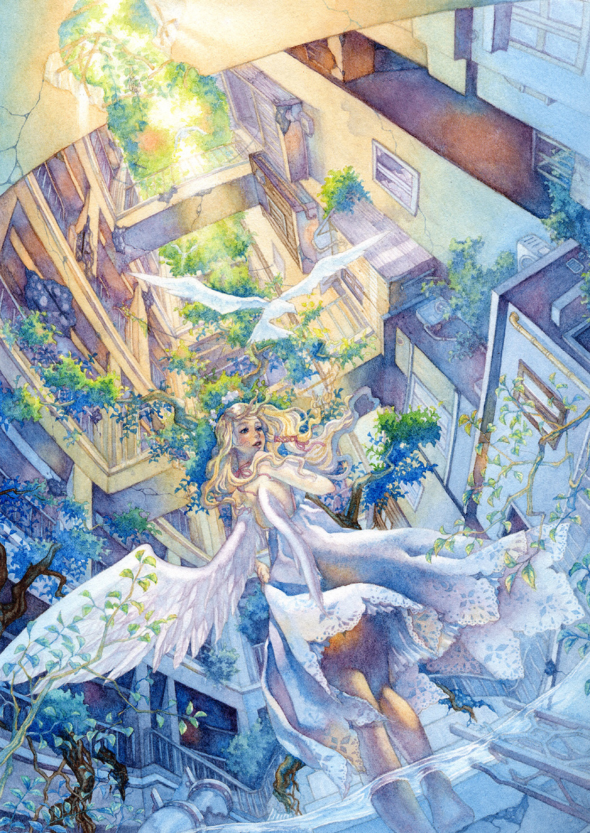 angel angel_wings barefoot blonde_hair blue_eyes building city dress highres long_hair original plant scenery shuka_(taupe) skirt sky solo traditional_media tree walking watercolor_(medium) wings