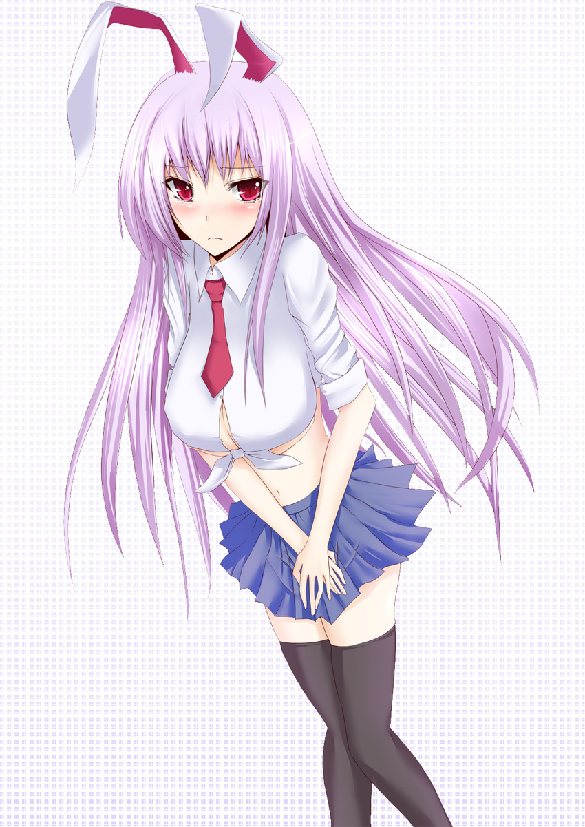 animal_ears bad_id bad_pixiv_id blush breasts bunny_ears cleavage front-tie_top highres large_breasts long_hair midriff miniskirt purple_hair red_eyes reisen_udongein_inaba skirt sleeves_rolled_up solo tears thighhighs touhou umeo_retto zettai_ryouiki