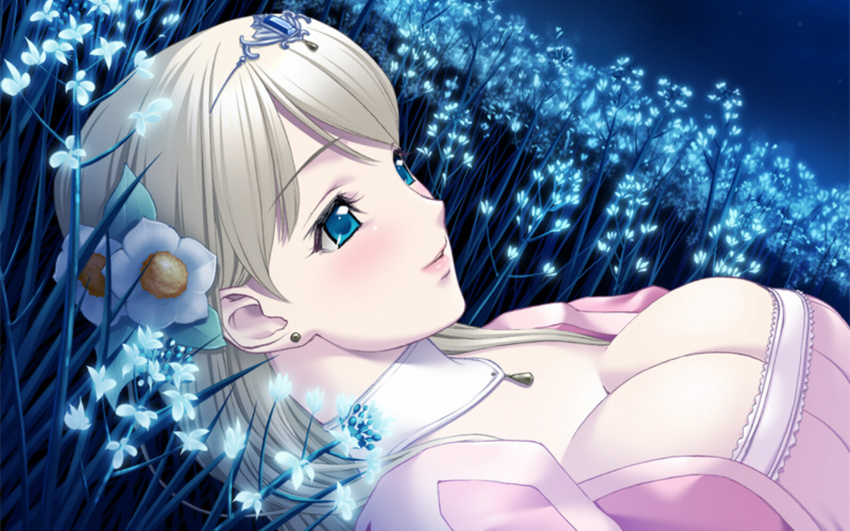 blonde_hair blue_eyes blush breasts cleavage flower game_cg highres large_breasts princess princess_juliette queen_bonjourno sano_toshihide solo