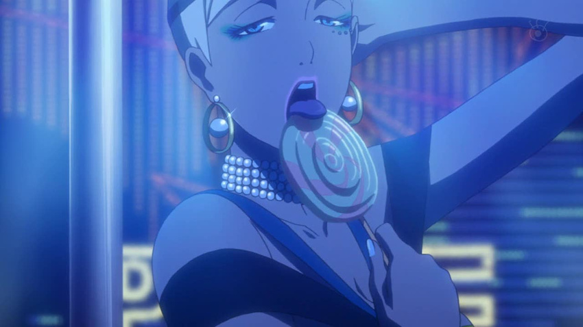 blonde_hair blue_eyes breasts candy choker cleavage dark_skin earrings food jewelry lamppost licking lipstick lollipop makeup mascara medium_breasts michiko_to_hacchin nail_polish necklace neon_lights night pearl screencap short_hair solo stripper tongue