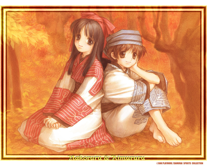 ainu_clothes autumn autumn_leaves bangs barefoot black_eyes border brown_eyes brown_hair character_name closed_mouth feet flat_chest forest hand_on_own_cheek head_rest headdress kita_senri knees_up long_hair long_sleeves looking_at_viewer multiple_girls nakoruru nature outdoors own_hands_together rimururu robe samurai_spirits sash seiza short_hair siblings sisters sitting smile v_arms