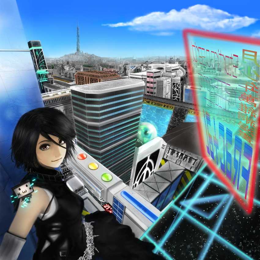 :3 aoki_tsubame bad_id bad_pixiv_id black_hair brown_eyes city copyright_request day highres megastructure scenery sky solo tower
