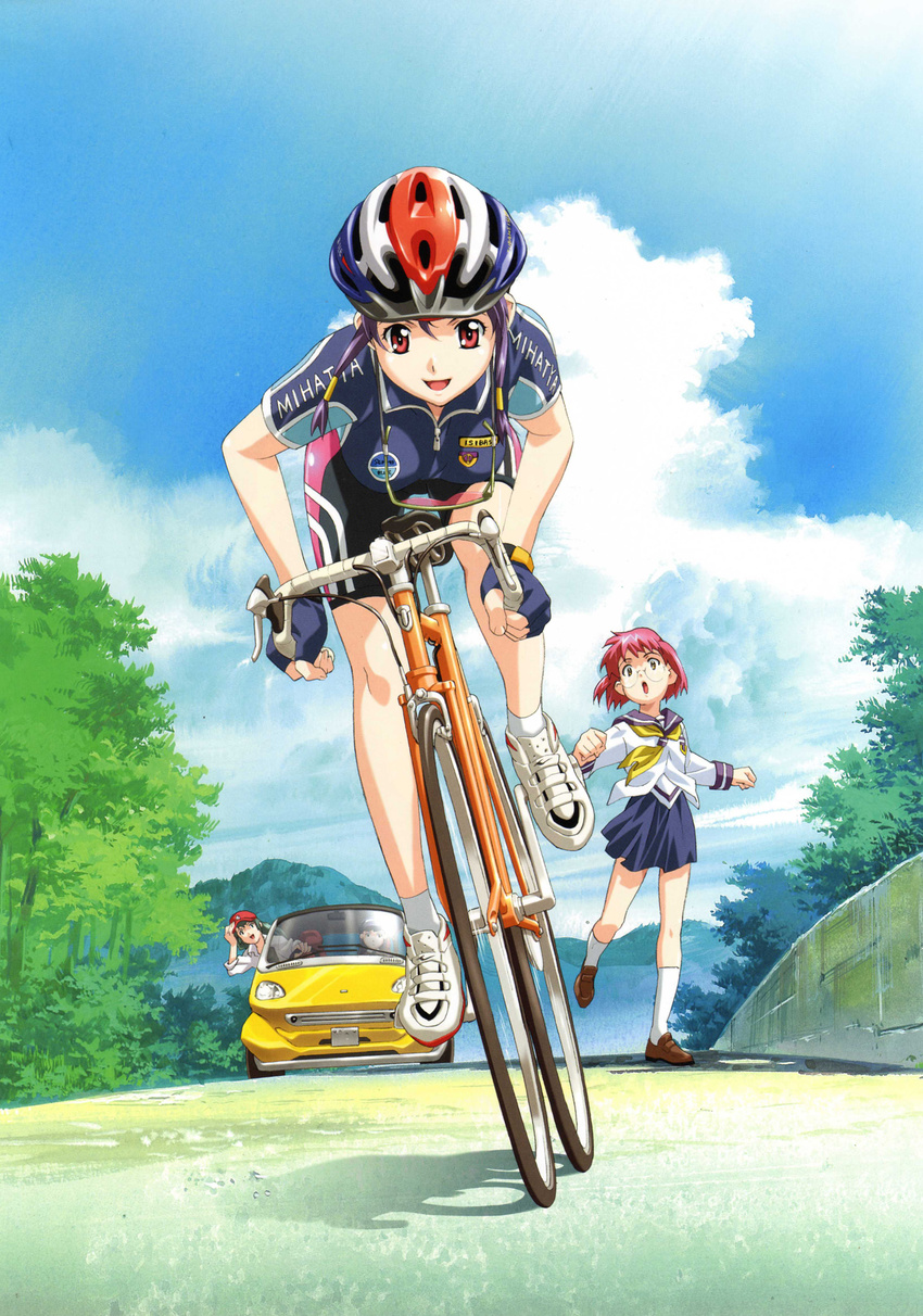 :d :o age_difference aqua_hair artbook baseball_cap bent_over bicycle bike_shorts black_hair car cloud day eyewear_around_neck eyewear_removed eyewear_strap flat_chest glasses gloves ground_vehicle hair_tubes happoubi_jin hat helmet highres ishibashi_tsubame kneehighs leaning loafers long_hair looking_at_viewer maruishi_otona motor_vehicle mountain multiple_girls nature official_art open_mouth outdoors pink_hair pleated_skirt purple_hair red_eyes riding running scan school_uniform separate_blue serafuku shadow shoes short_hair sidelocks skirt sky smile sneakers socks sunglasses surprised tree tsunoda_hiwako tsurudo_misui white_legwear yellow_eyes zipper