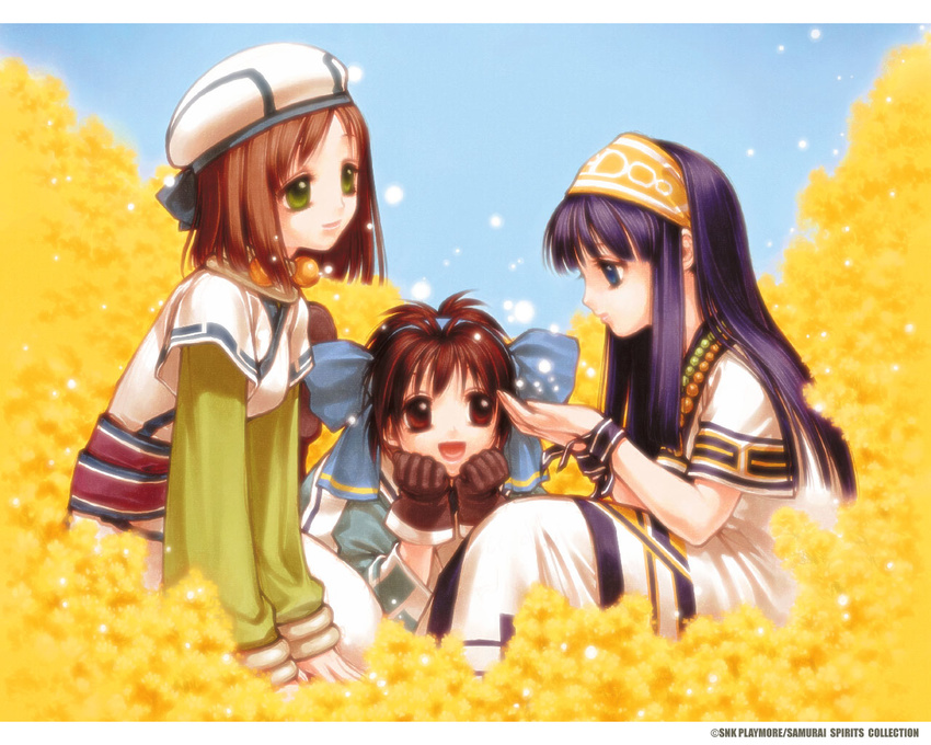 :d ainu_clothes beret brown_hair cape field flower flower_field green_eyes hat headpiece kita_senri long_sleeves looking_to_the_side manari multiple_girls nakoruru open_mouth rimururu samurai_spirits short_hair siblings sidelocks sisters smile upper_body