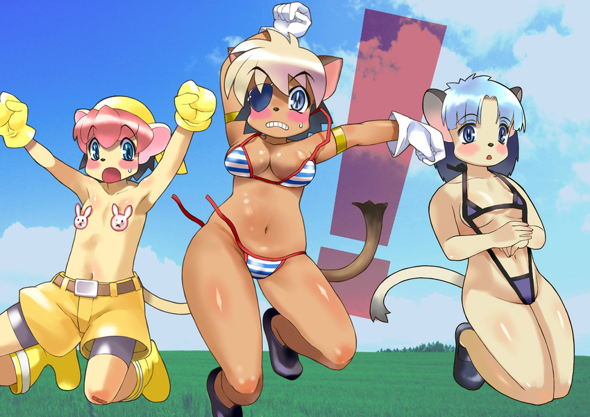 3girls alicia_priss ameyama_denshin animal_ears armlet bike_shorts bikini blue_hair blush boots breasts cat_ears cat_tail cleavage dark_skin eyepatch flare_priss flat_chest gloves highres multicolored_hair multiple_girls navel open_mouth panties pasties red_hair short_hair shorts siblings sisters slingshot_swimsuit stare_priss sweat swimsuit tail tail_concerto two-tone_hair underwear wardrobe_malfunction
