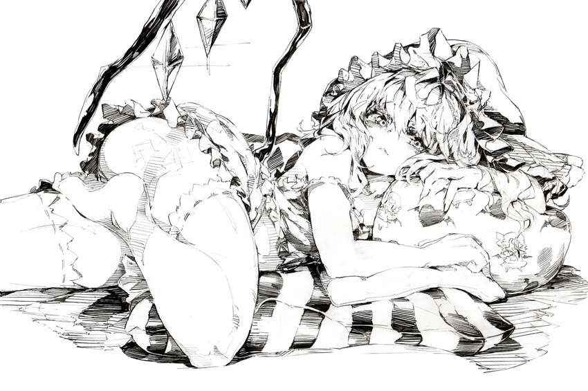 ass colored_pencil_(medium) dress flandre_scarlet graphite_(medium) greyscale hat hat_ribbon highres looking_at_viewer lying mob_cap monochrome off_shoulder on_stomach oshake pillow remilia_scarlet ribbon solo thighhighs touhou traditional_media wings