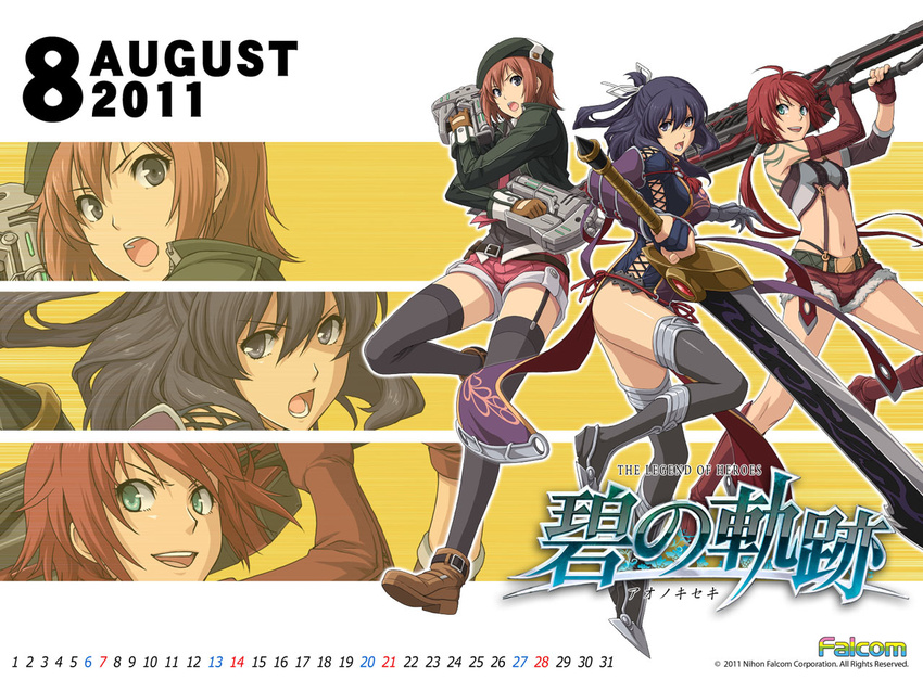 3girls :d :o ao_no_kiseki august beret black_legwear blue_eyes boots brown_hair calendar_(medium) company_name copyright_name dual_wielding eiyuu_densetsu elbow_gloves enami_katsumi full_body gloves grey_eyes gun half_updo hat holding huge_weapon jacket long_hair mismatched_gloves multiple_girls noel_seeker official_art open_mouth ponytail purple_hair red_hair rixia_mao shirley_orlando shoes short_hair short_shorts shorts single_elbow_glove smile sword tattoo thighhighs weapon zero_no_kiseki zoom_layer