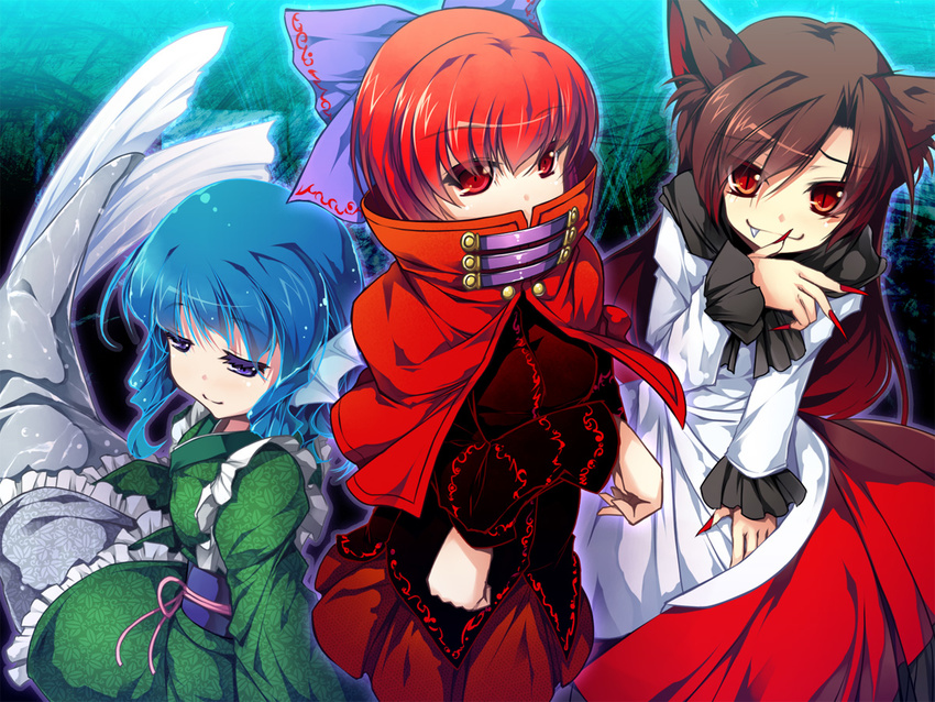 animal_ears blue_eyes blue_hair bow braid brooch brown_hair cape chima_q double_dealing_character dress fang fingernails grass_root_youkai_network hair_bow head_fins imaizumi_kagerou japanese_clothes jewelry long_fingernails long_hair long_sleeves mermaid monster_girl multiple_girls obi red_eyes red_hair sash sekibanki short_hair skirt slit_pupils smile touhou twin_braids wakasagihime wide_sleeves wolf_ears