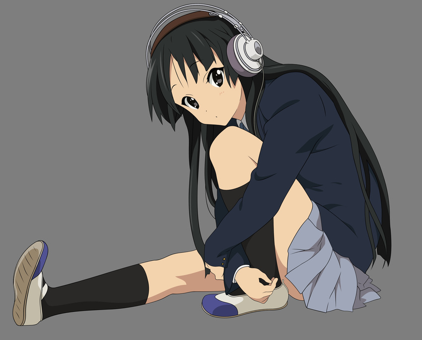 absurdres akg akiyama_mio black_eyes black_hair headphones highres image_sample k-on! k701 kneehighs long_hair school_uniform sezaki_rie sitting skirt solo vector_trace yandere_sample